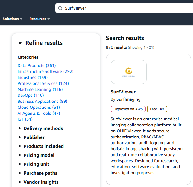 SurfViewer listing in AWS Marketplace