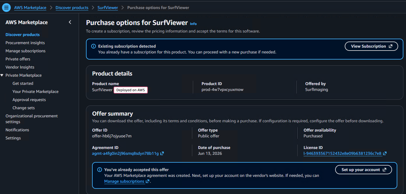 AWS Marketplace Configure and launch page for SurfViewer