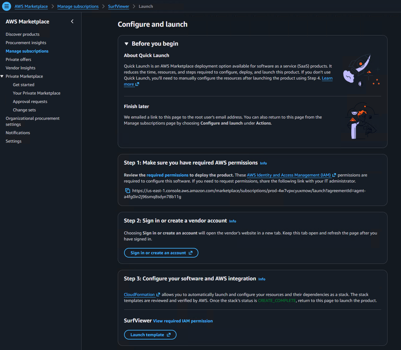 AWS Marketplace Launch template action for SurfViewer