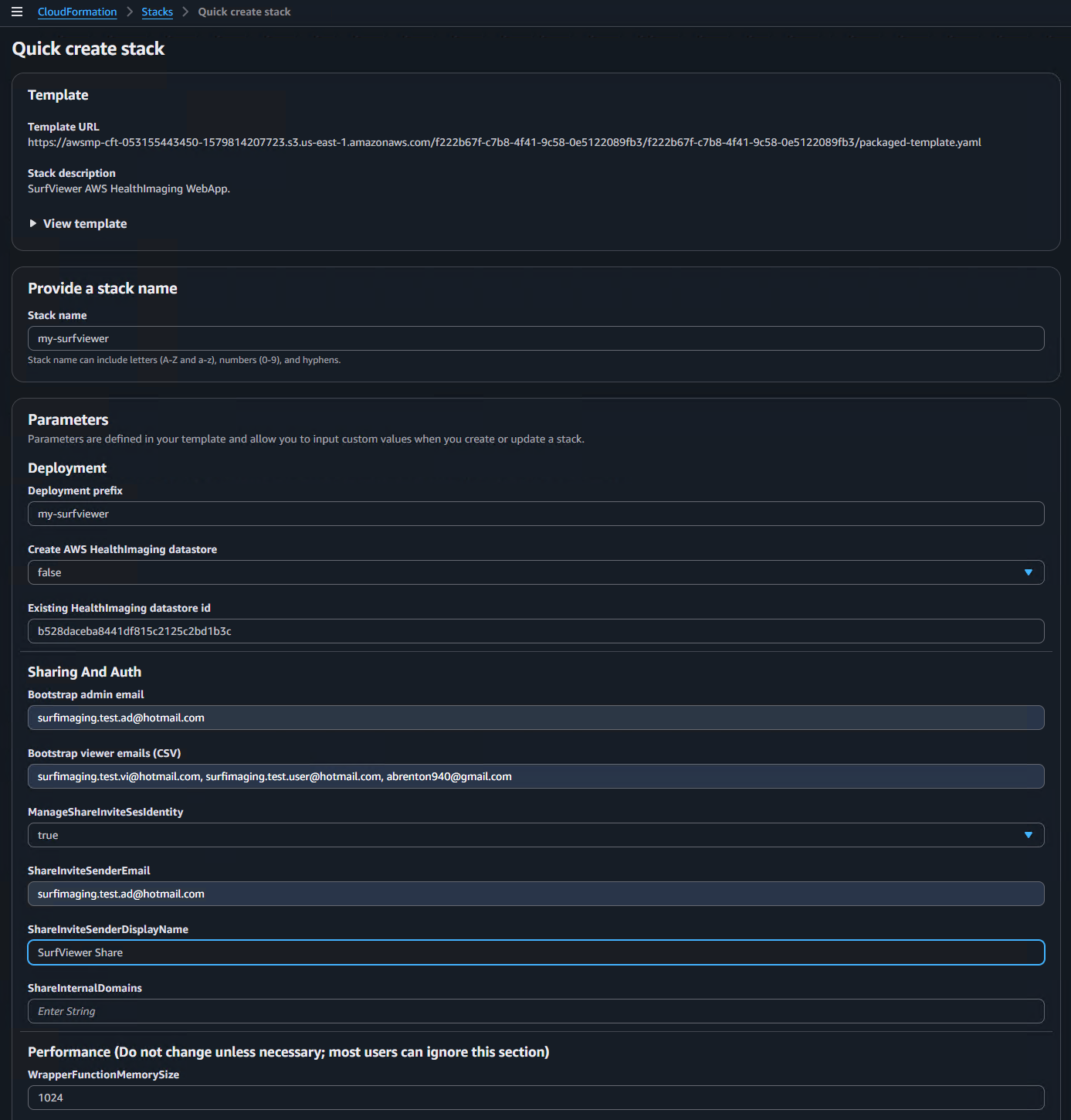 AWS CloudFormation Quick Create Stack page for SurfViewer
