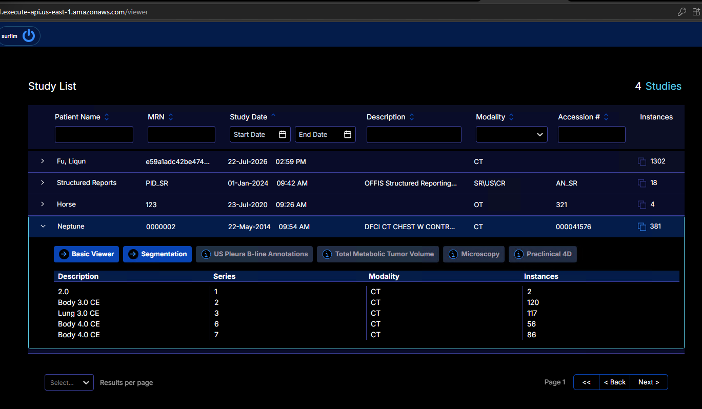 SurfViewer sign-in and study list based on an OHIF workflow