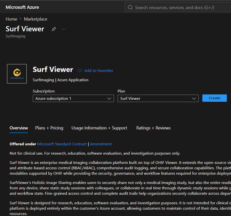 Surf Viewer create button in Azure Marketplace