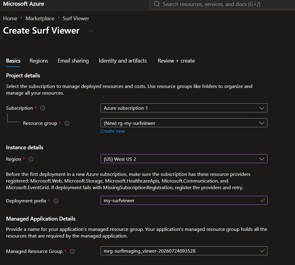 Create a new resource group, select a region, and set the deployment prefix