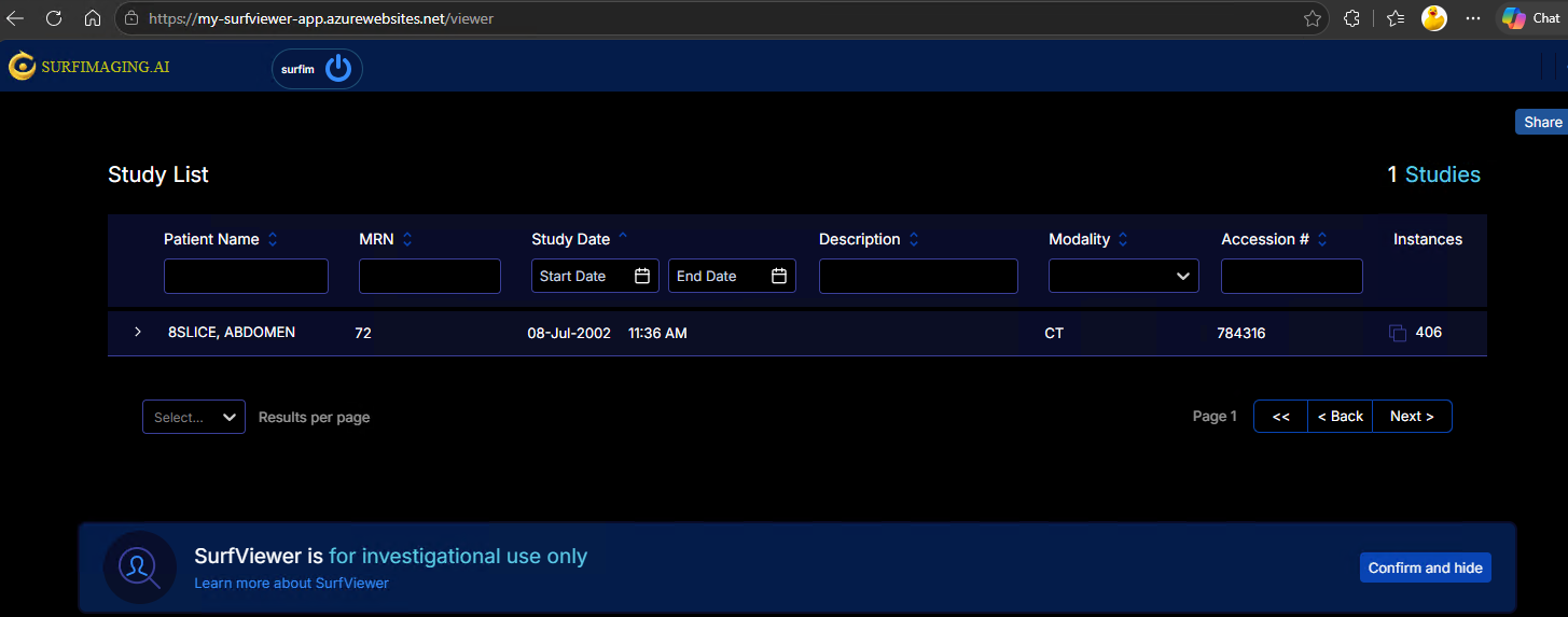 Surf Viewer sign-in and study list in the browser